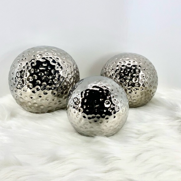 Torre & Tagus Decor Hammered Ceramic Decor Balls, Chrome, Set of Three (3) - Picture 7 of 8